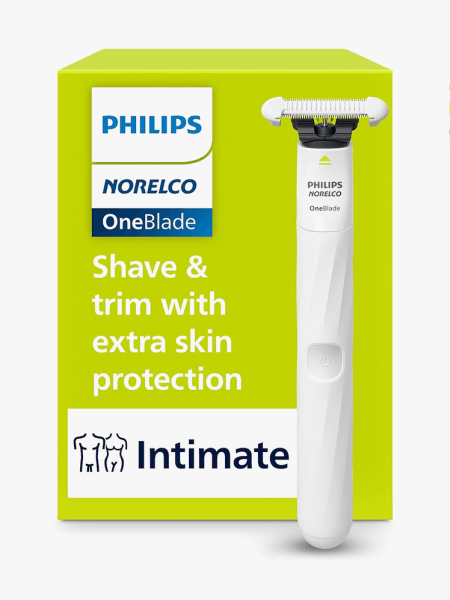 OneBlade Intimate Pubic Groomer in branded bright green box on light gray background