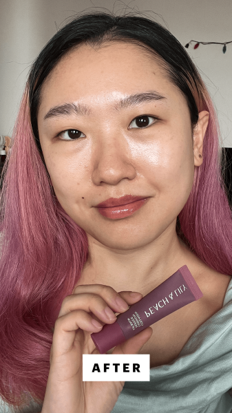 Han after applying the Peach  Lily Cushion Peptide Lip Balm